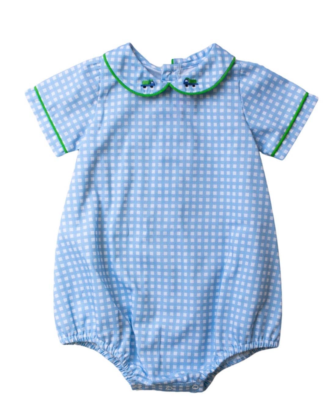 Short Sleeve Duncan Bubble - Periwinkle Gingham w/ Green & Blue Dump Truck