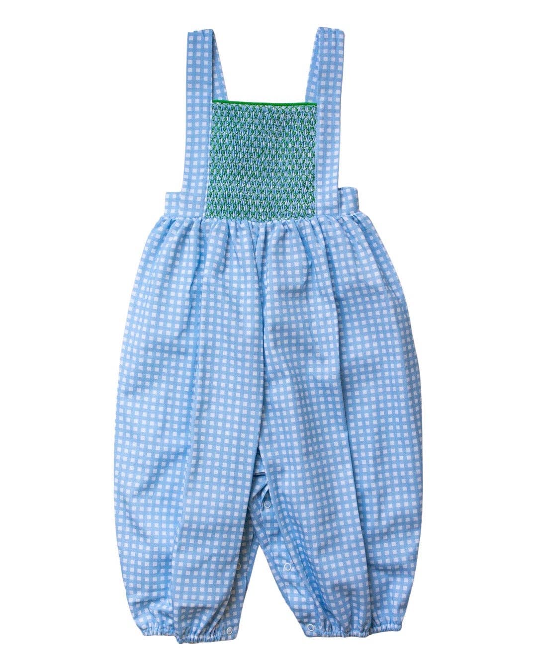 Edward Romper - Periwinkle Gingham w/ Green Smocking: 12-18m