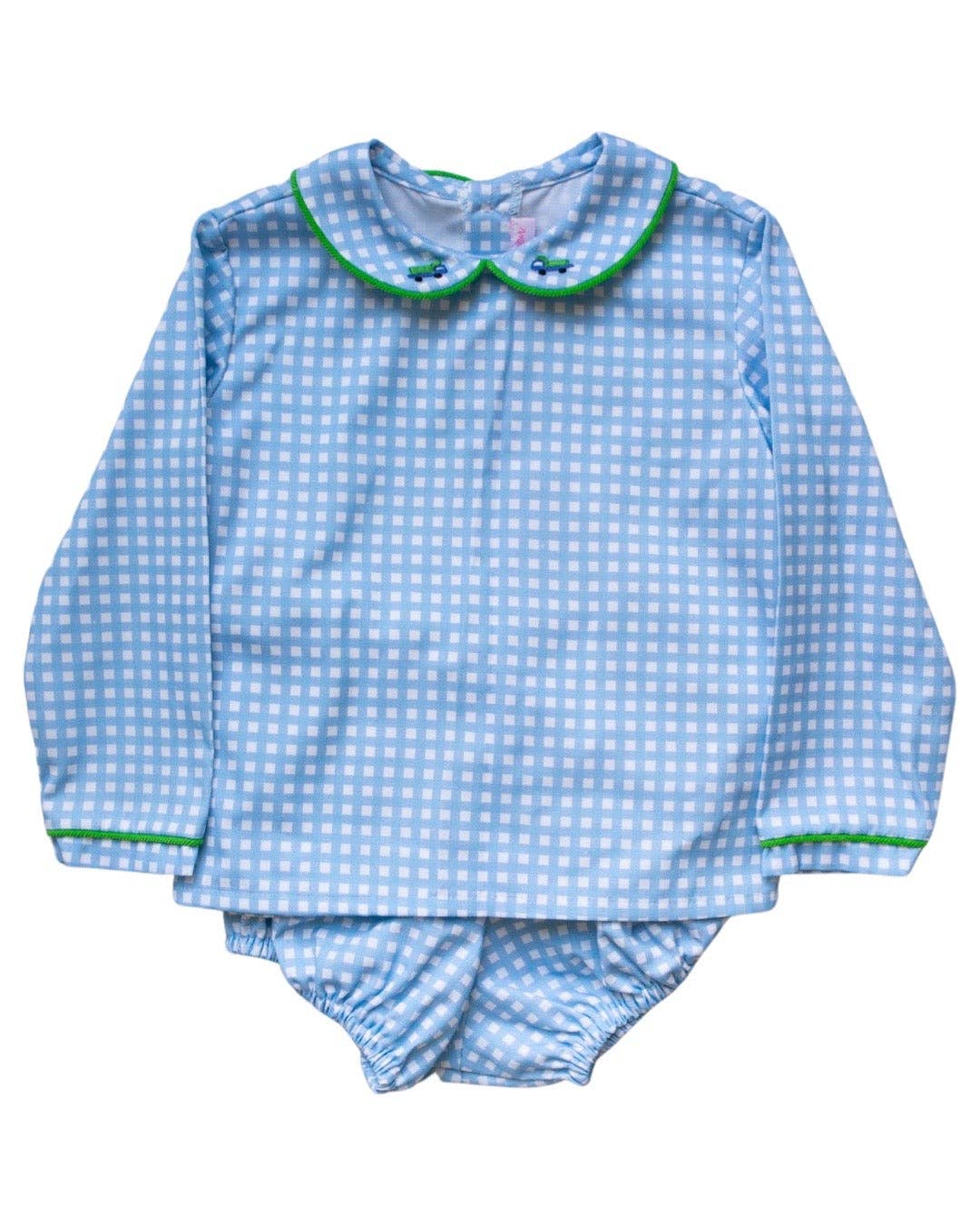 Long Sleeve Peter Pan Bloomer Set - Periwinkle Gingham w/ Green & Blue Dump Truck